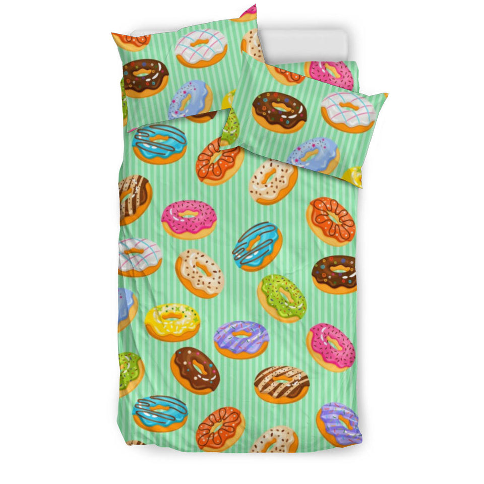 Colorful Donut Pattern Green Background Bedding Set