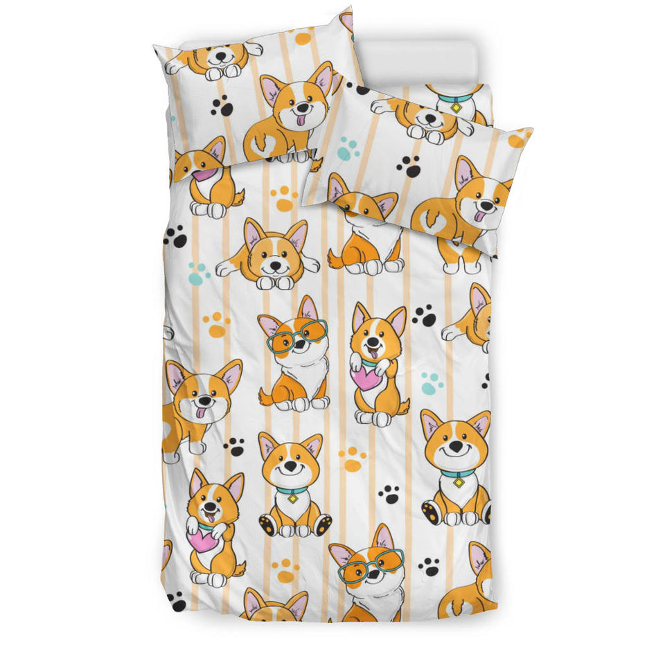 Cute Dog Corgi Striped Background Pattern Bedding Set