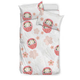 Daruma Japanese Wooden Doll Cherry Blossom Flower Pattern Bedding Set
