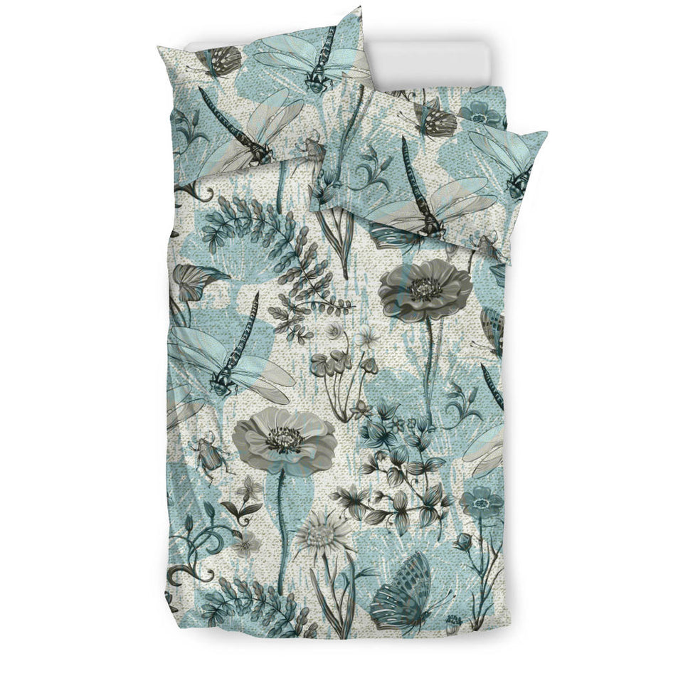Dragonfly Butterfly Plants Insect Flower Vintage Style Pattern Bedding Set