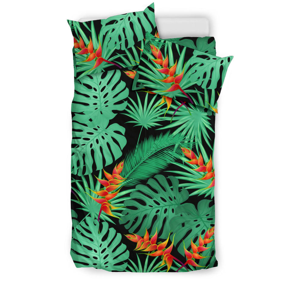 Heliconia Flower Palm Monstera Leaves Black Background Bedding Set