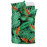 Heliconia Flower Palm Monstera Leaves Black Background Bedding Set