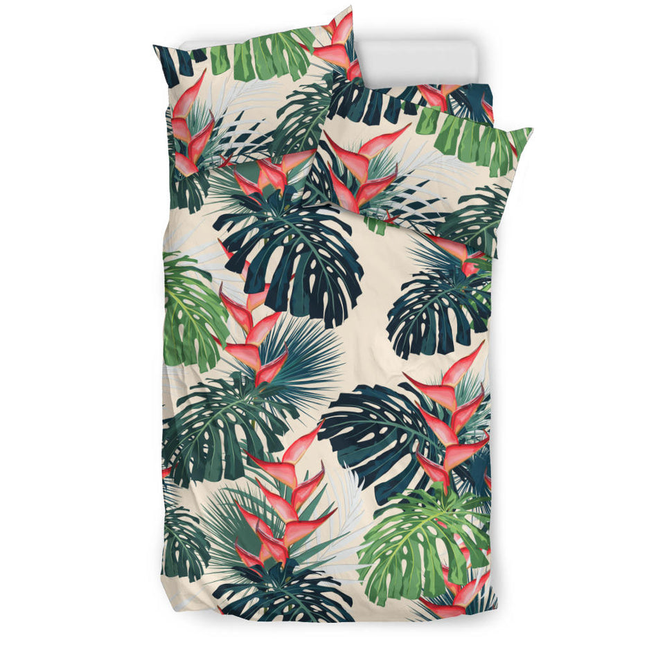 Heliconia Flowers, Palm And Monstera Leaves Bedding Set