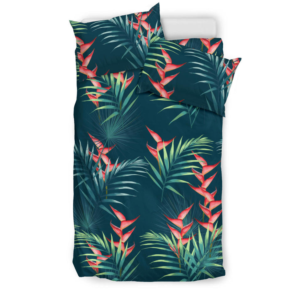 Heliconia Flowers, Palm And Monstera Leaves On Black Background Pattern Bedding Set