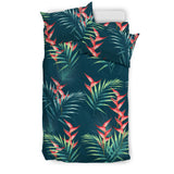 Heliconia Flowers, Palm And Monstera Leaves On Black Background Pattern Bedding Set