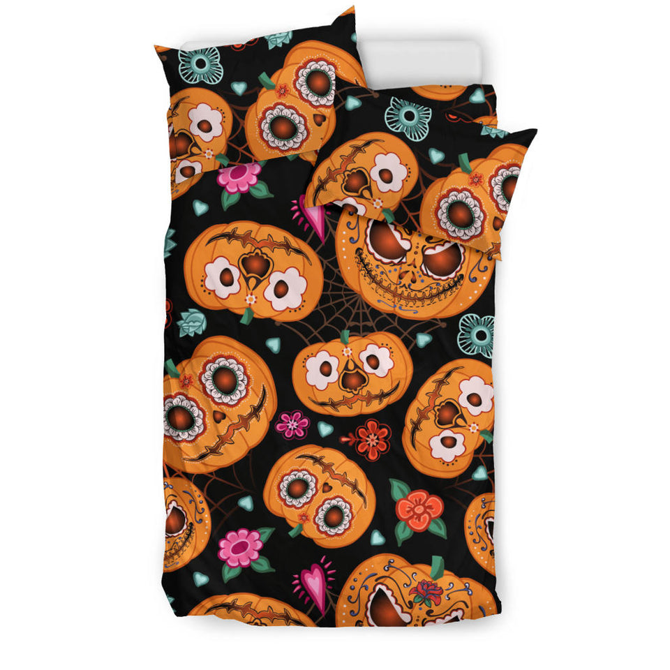 Pumpkin Flowers Spiderweb Halloween Theme Bedding Set
