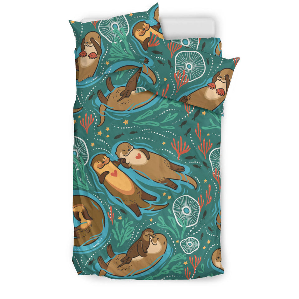 Cute Brown Sea Otters Ornamental Seaweed Corals Green Water Bedding Set