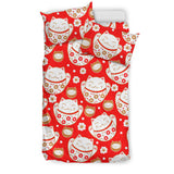 Cute Maneki Neko Lucky Cat Red Background Bedding Set
