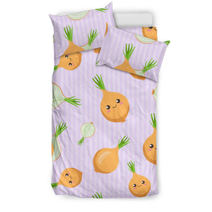 Cute Onions Smiling Faces Purple Background Bedding Set