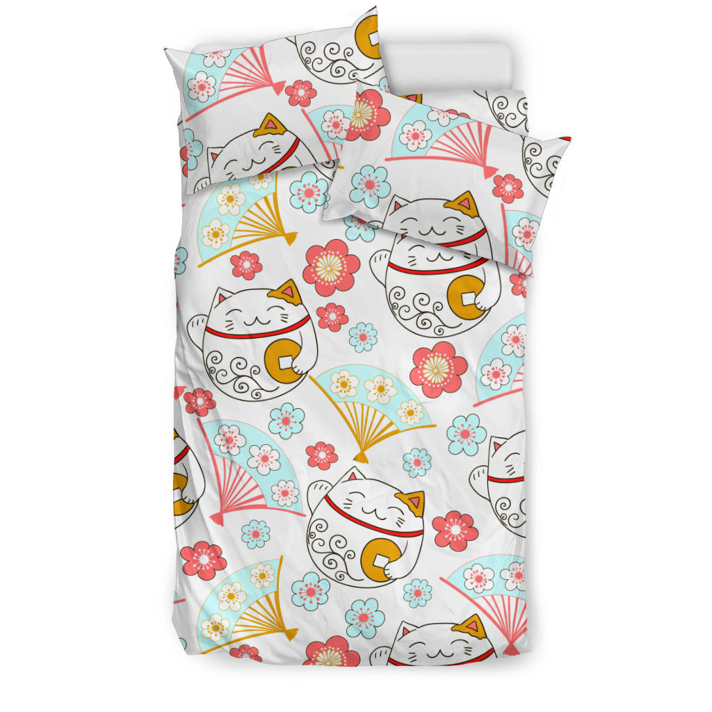 Maneki Neko Lucky Cat Fan Sakura Bedding Set