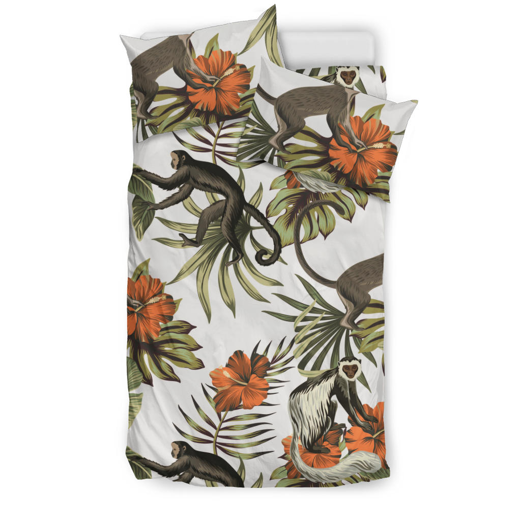 Monkey Red Hibiscus Flower Palm Leaves Floral Pattern Bedding Set