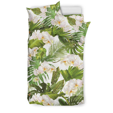 White Orchid Flower Tropical Leaves Pattern Bedding Set