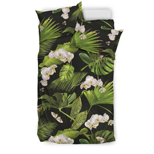 White Orchid Flower Tropical Leaves Pattern Blackground Bedding Set