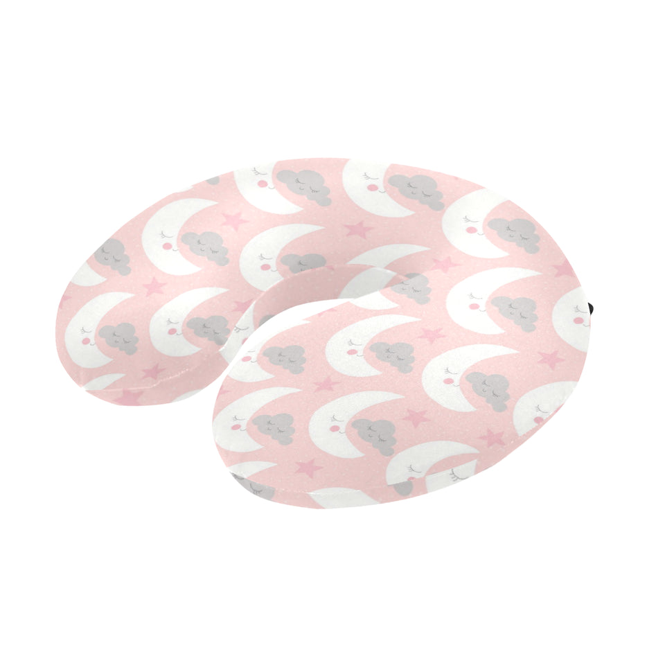 Cute moon cloud star pattern pink dot background U-Shaped Travel Neck Pillow
