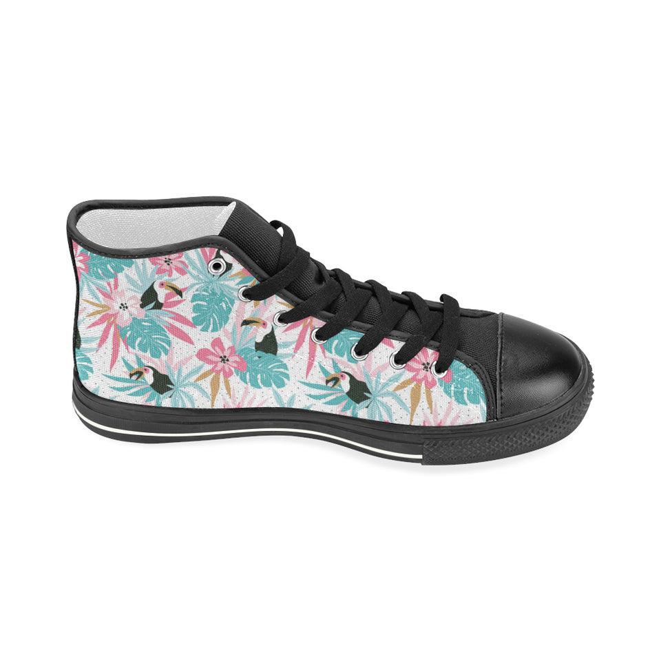 Toucan tropical flower leave pattern Women's High Top Canvas Shoes Black