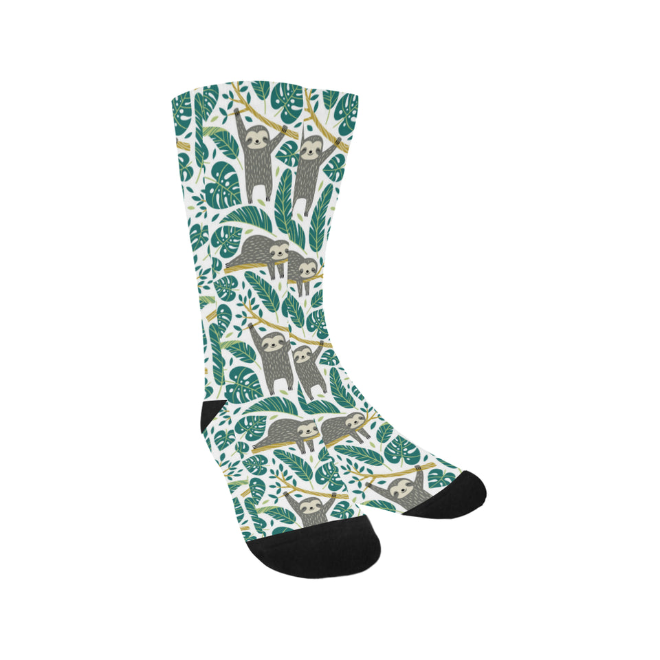 Cute sloths tropical palm leaves white background Crew Socks