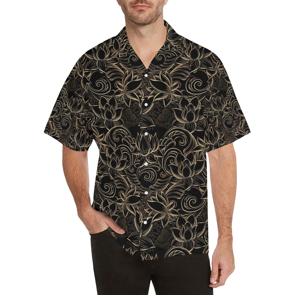 luxurious gold lotus waterlily black background Men's All Over Print Hawaiian Shirt