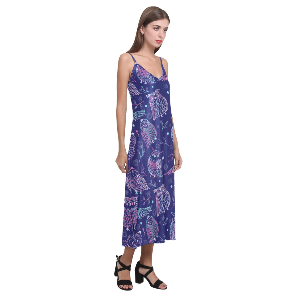 Cute owls pattern boho style ornament V-Neck Open Fork Long Dress