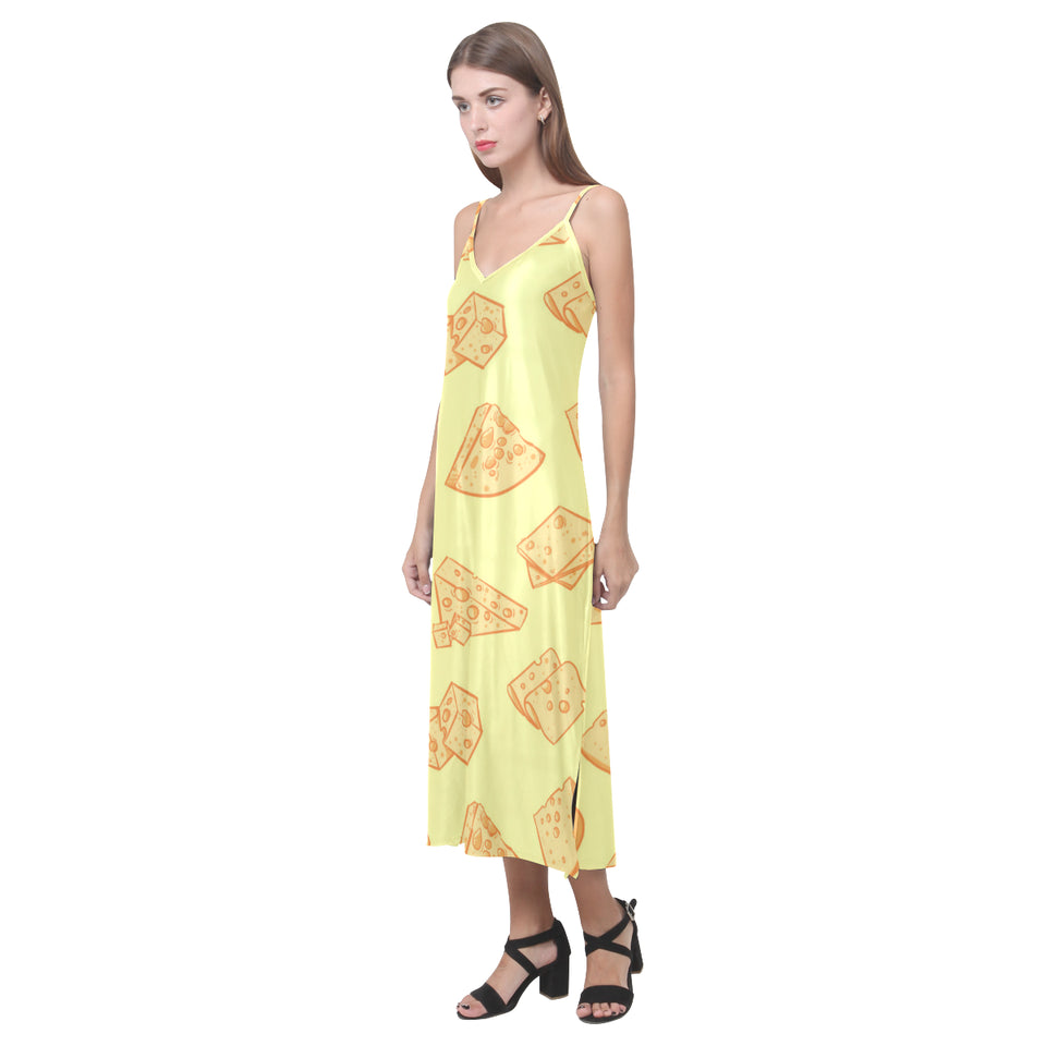 Cheese design pattern V-Neck Open Fork Long Dress