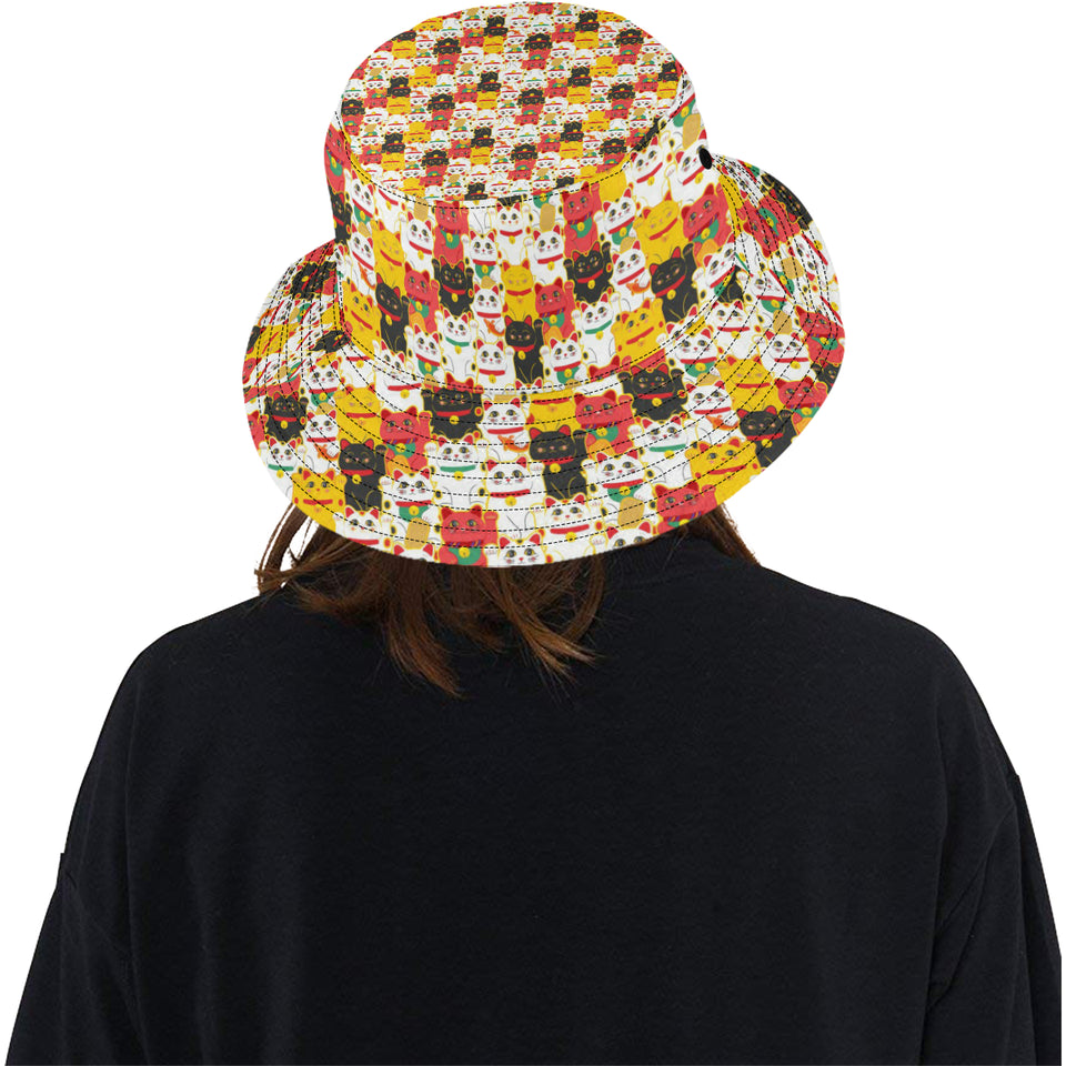 Colorful Maneki neko cat pattern Unisex Bucket Hat