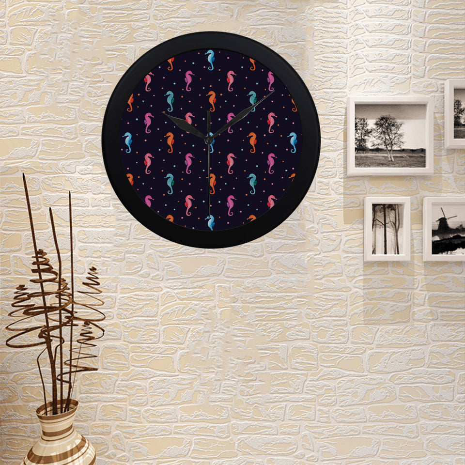 Watercolor colorful seahorse pattern Elegant Black Wall Clock