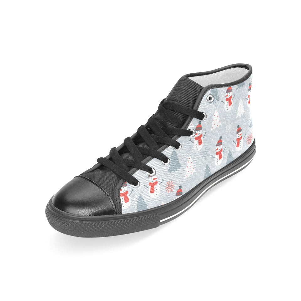 Snowman christmas  tree snow gray background Women's High Top Canvas Shoes Black