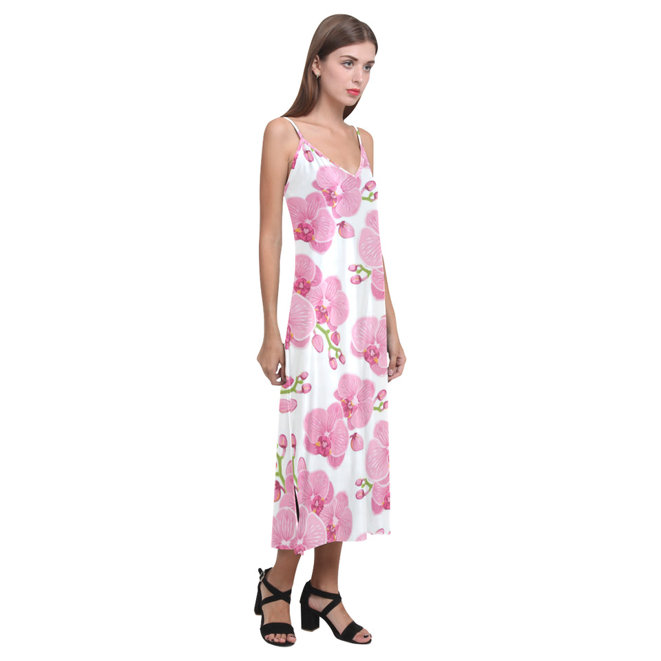 pink purple orchid pattern background V-Neck Open Fork Long Dress