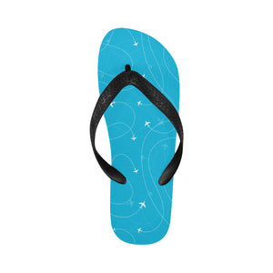 Airplane destinations blue background Unisex Flip Flops