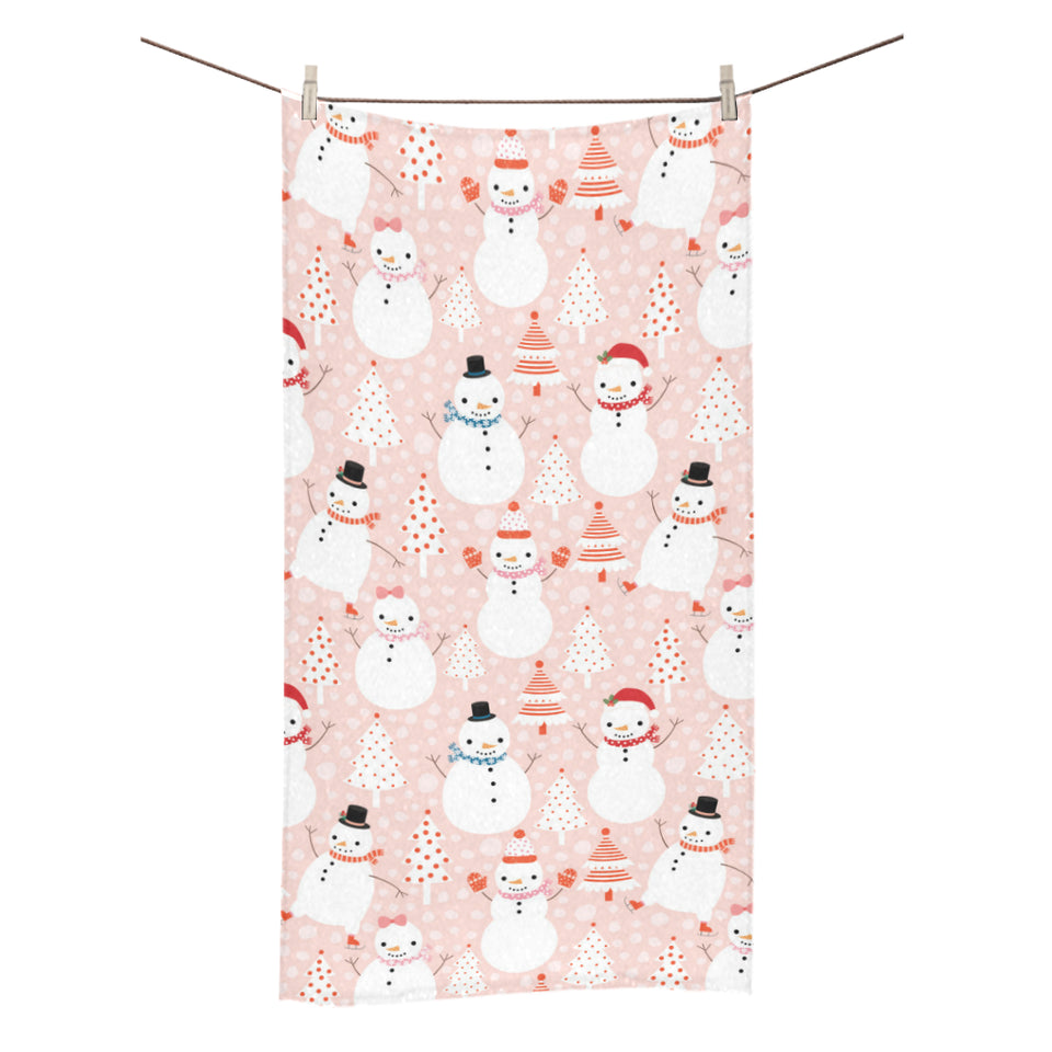 Cute snowman christmas tree snowpink background Bath Towel
