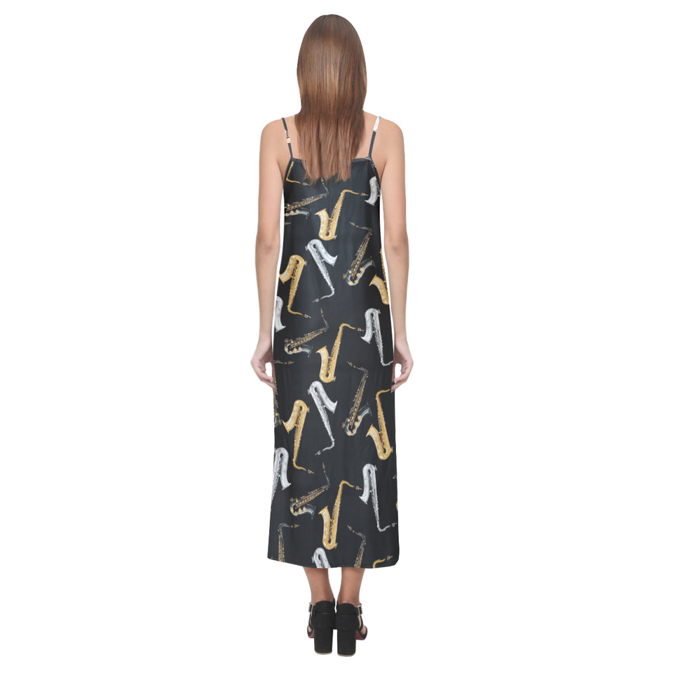 saxophone design pattern V-Neck Open Fork Long Dress