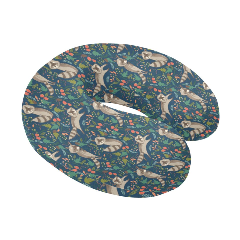 Raccoon tropical leaves pattern U-Shaped Travel Neck Pillow