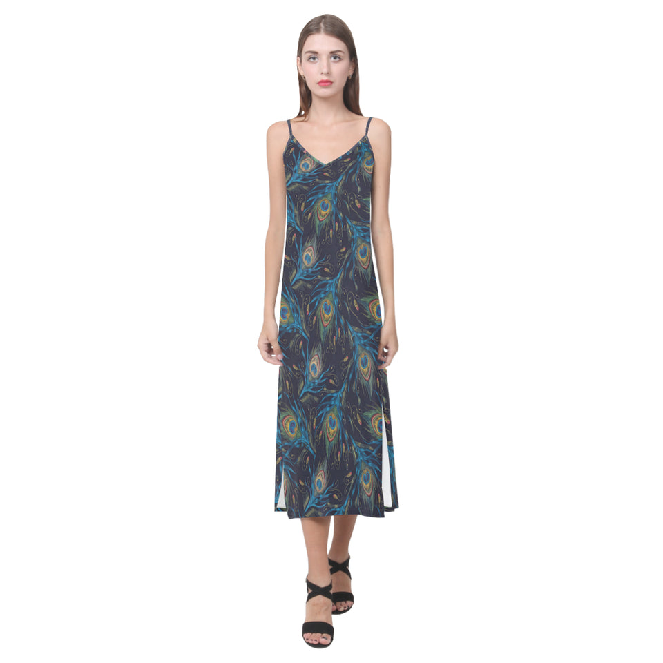 Beautiful peacock feather pattern V-Neck Open Fork Long Dress