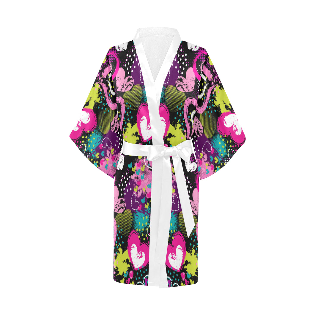 heart dot wave star creative design pattern Women's Short Kimono Robe
