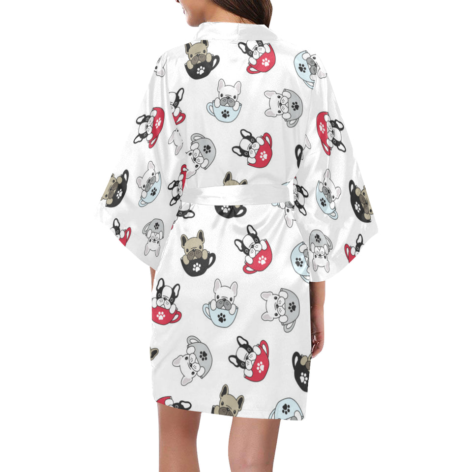 French bulldog cup paw pattern Women's Short Kimono Robe