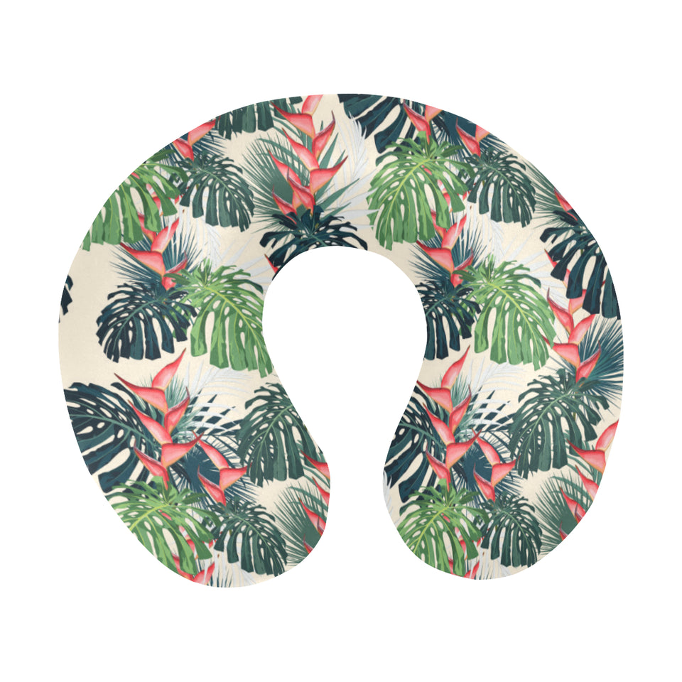 heliconia flowers, palm and monstera leaves U-Shaped Travel Neck Pillow
