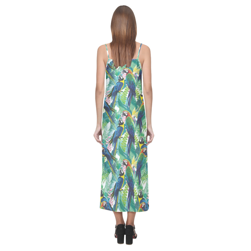 Colorful parrot exotic flower leaves V-Neck Open Fork Long Dress