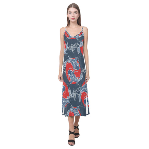 Fancy Carps hand drawn japanese art V-Neck Open Fork Long Dress