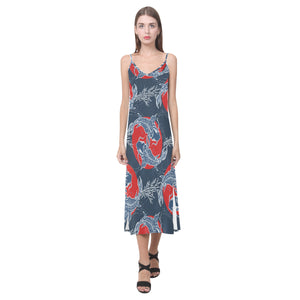 Fancy Carps hand drawn japanese art V-Neck Open Fork Long Dress