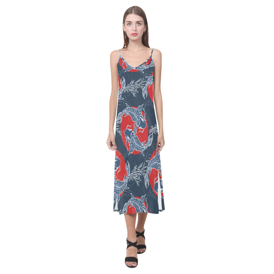 Fancy Carps hand drawn japanese art V-Neck Open Fork Long Dress