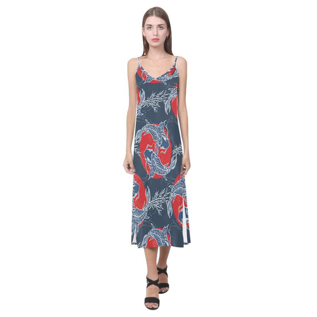 Fancy Carps hand drawn japanese art V-Neck Open Fork Long Dress