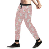 Cute white rabbit flower pink background Unisex Casual Sweatpants