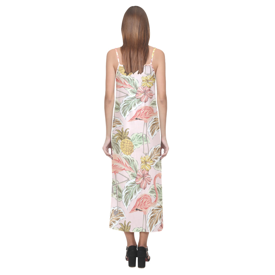 Pink flamingo birds pineapples hibiscus flower pat V-Neck Open Fork Long Dress