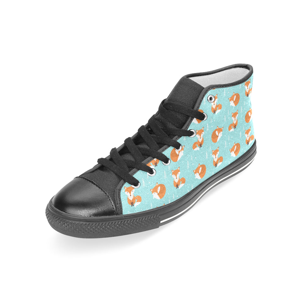 Fox pattern blue b ackground Women's High Top Canvas Shoes Black