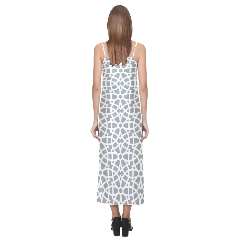 arabic gray pattern V-Neck Open Fork Long Dress