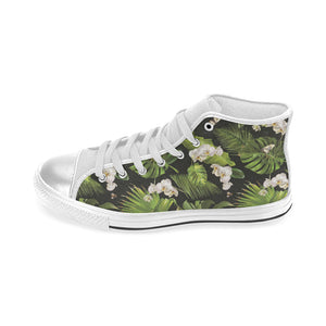 White orchid flower tropical leaves pattern blackg Women's High Top Canvas Shoes White