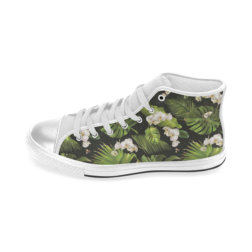 White orchid flower tropical leaves pattern blackg Women's High Top Canvas Shoes White