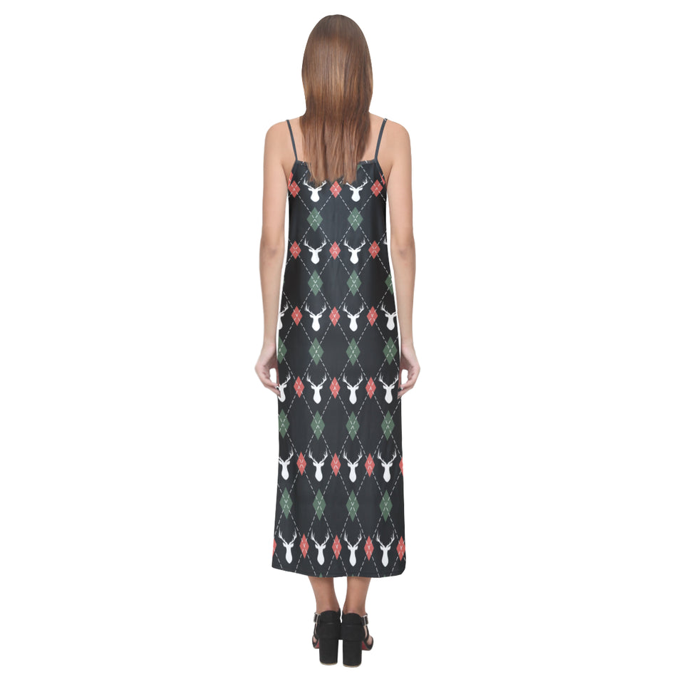 Deer Christmas new year pattern argyle V-Neck Open Fork Long Dress