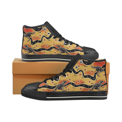Kangaroo Australian aboriginal art pattern Women's High Top Canvas Shoes Black