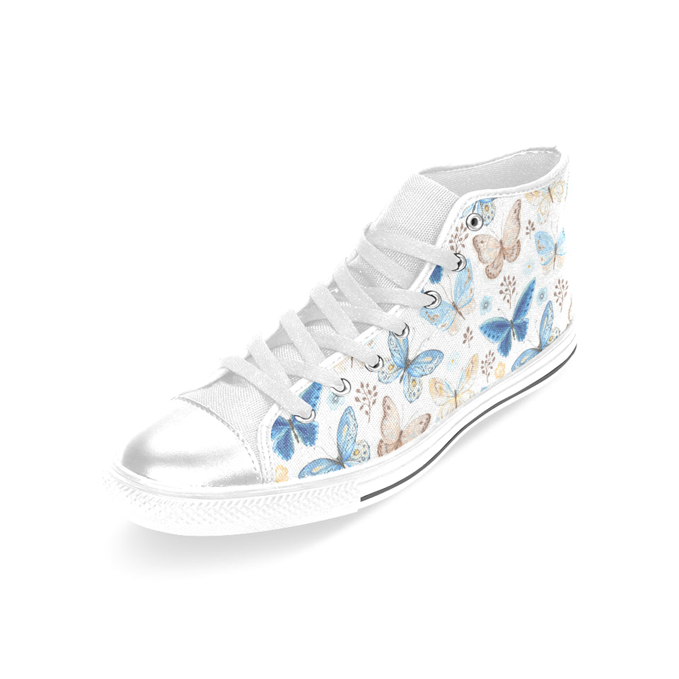 blue butterfly pattern Women's High Top Canvas Shoes White