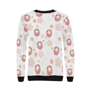 Daruma japanese wooden doll cherry blossom flower Women's Crew Neck Sweatshirt